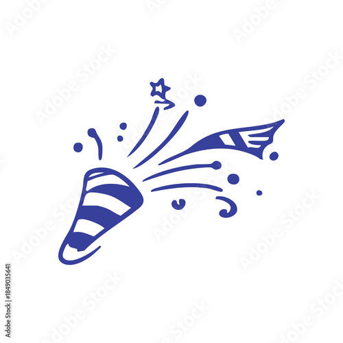 Blue line art illustration of a party popper bursting with confetti and stars