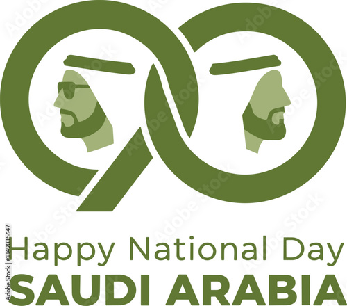 Minimalist green graphic design for Saudi Arabia National Day featuring two male profile silhouettes in traditional headdress inside linked infinity circles.