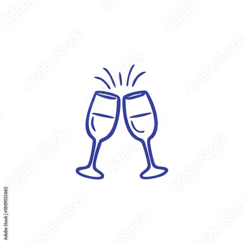 Simple illustration of two champagne flutes clinking, with celebratory bubbly