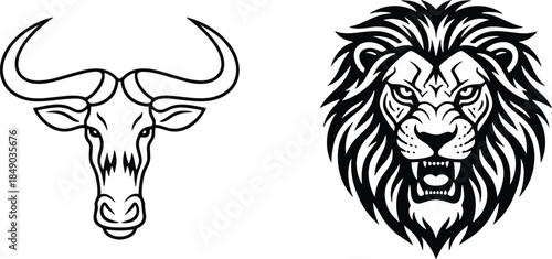 Minimalist black and white vector line art illustrations of a wildebeest head and a roaring lion face isolated on a white background.