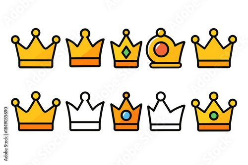 Crown and royalty filled icon set. Majestic emblems and royal symbols collection