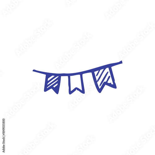 A blue doodle of a banner or string of pennants on a white background