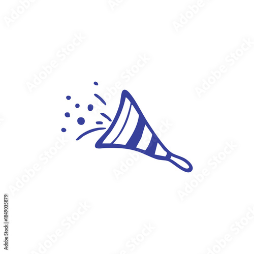 A blue party popper with stripes and some confetti on a white background