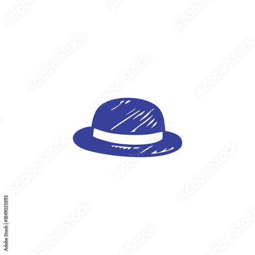 A minimalist blue bowler hat with white band, set against a blank white backdrop
