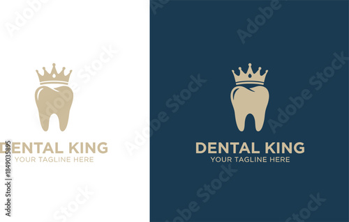 Professional dental clinic logo design featuring a tooth wearing a golden crown with the text Dental King and a customizable tagline.