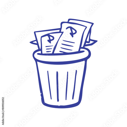 A blue trash can overflowing with papers, simple illustration