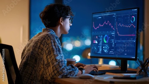 Datadriven predictive call analytics displayed on a monitor as an analyst interprets call trends and detects potential issues to improve call center performance.