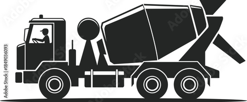 Black silhouette of a cement mixer truck on a white background Keywords: cement, mixer, truck, concrete, construction, vehicle