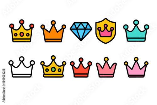 Crown and jewel flat icon set. Royalty, luxury symbols in a vibrant flat design