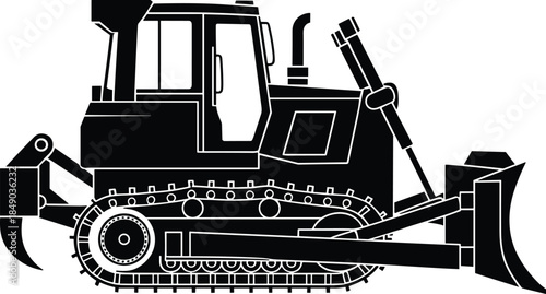 Black silhouette of a heavy duty bulldozer with a large blade and tracks construction heavy equipment
