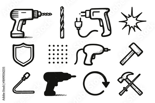 Tools and construction outline icon set. Wrenches, drills, hammers vector collection