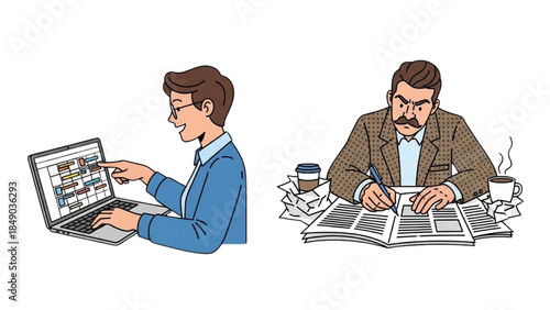 High-quality black outline colorful art of a social media manager scheduling posts on a computer next to a newspaper editor writing by hand, digital and traditional media professions