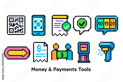 Financial transaction icon set. Digital, payment, and finance vector icons in pixel style.