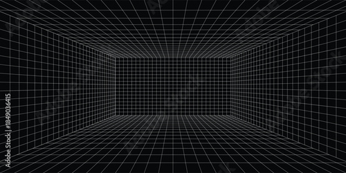 Empty futuristic digital box room grey-black background with white grid space line color surface. Network cyber technology. banner, cover, terrain, sci-fi, wireframe, and related to background.