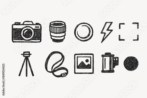 Photography equipment outline icon set. Camera, lens, photography tools icons collection