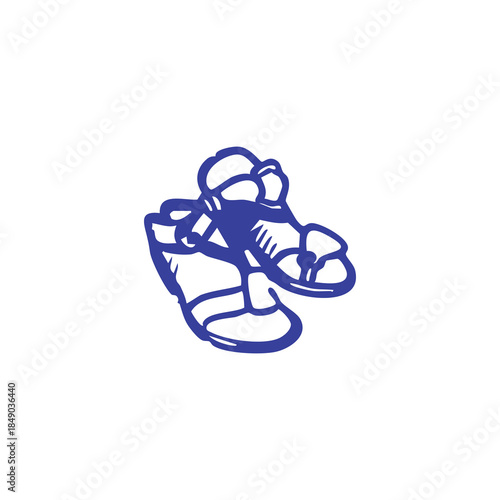 Blue outline sketch depicts a pair of sandals overlapping