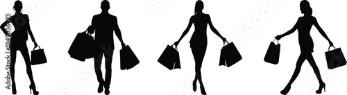 People Shopping Silhouette Set with Bags for Retail Sale Design