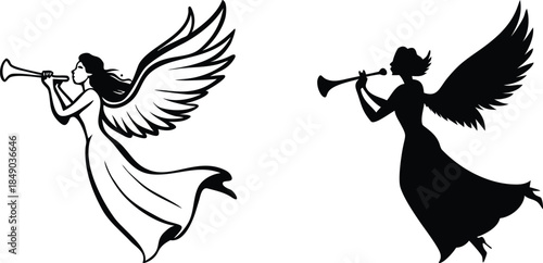 Stylized angels playing trumpets sketch and silhouette illustration