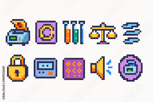 Pixel art, technology flat icon set. Gadgets, security, lab equipment collection
