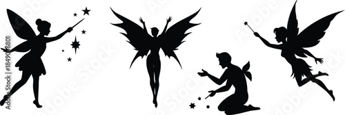 Fairy Silhouette Collection with Magic Wand and Pixie Wings Vector Art
