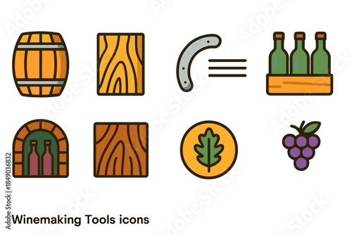 Winemaking tools flat icon set. Vineyard, barrels, grapes, bottles, and oak icons.