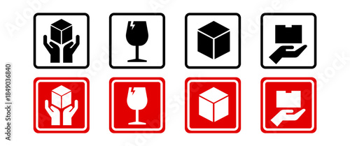 Handle with care symbol icon set featuring fragile box hands support and packaging safety signs for shipping labels logistics instructions and warehouse handling guidelines