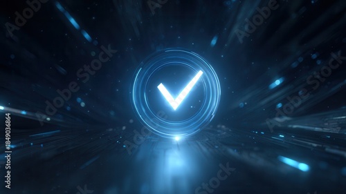 Check mark symbol glowing above futuristic platform, representing completion verification, success, digital