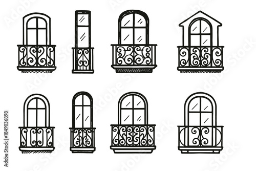 Balcony solid icon set. Stylish window and balcony designs for urban living