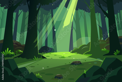 Magical green forest clearing with sunbeams illustration