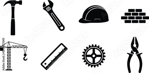 Construction Tools and Elements Silhouettes on White Background Keywords: construction, tools, hammer, wrench, adjustable wrench