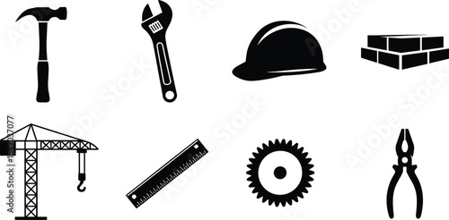 Construction tools and equipment icons including hammer, wrench, crane, and bricks vector illustration