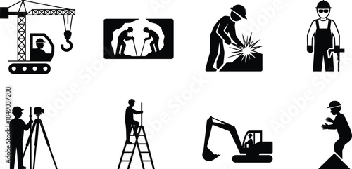 Construction Worker Icons With Tools and Machinery on White Background silhouette hard hat
