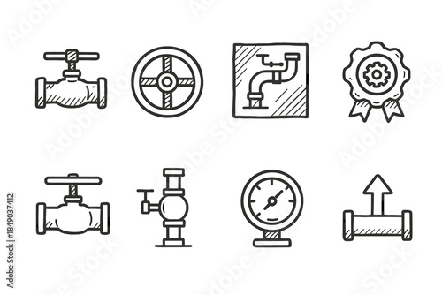 Plumbing and pipe outline icon set. Water, valve, pipe outline graphics collection.