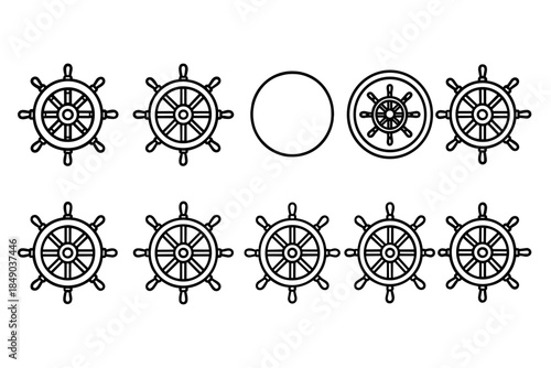 Nautical, navigation line icon set. Ship steering wheel vector outline collection