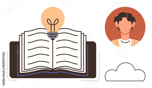 Open book with glowing light bulb symbolizing ideas, cloud for innovation, and human profile icon. Ideal for education, learning, creativity, inspiration, innovation, personal growth simple flat