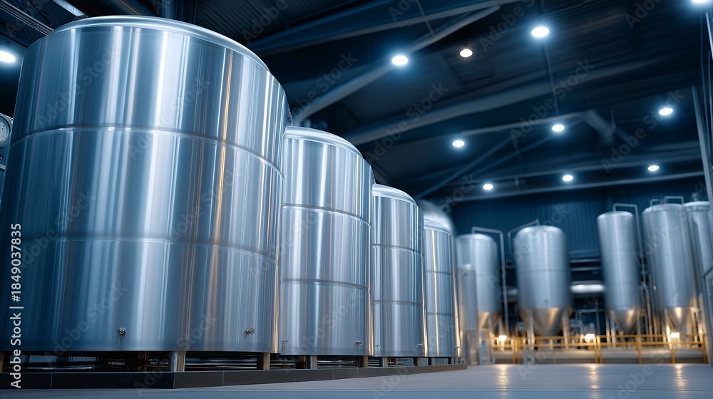 Fototapeta premium A row of stainless steel dairy fermentation tanks producing yogurt, workers monitoring viscosity and temperature via digital screens — industrial fermentation, high-volume food production, and