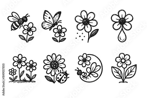 Floral and insect doodle icon set. Hand-drawn outline botanical icons collection