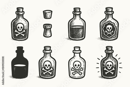 Poison bottle icon set. Vintage, sketch, outline icons for hazard warning labels