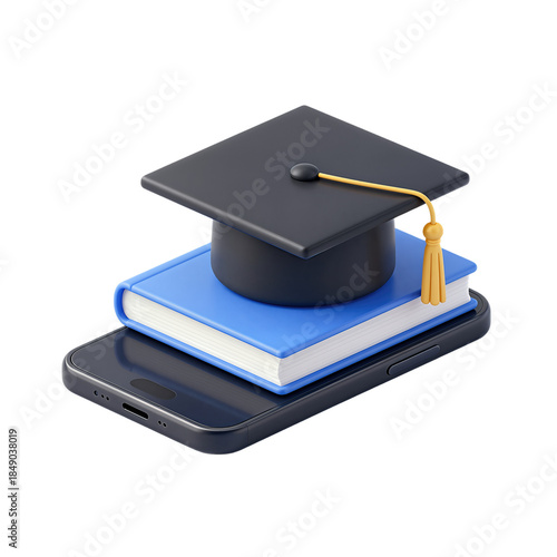 Graduation cap on blue book stacked on smartphone.