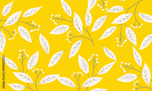 Seamless floral pattern, Seamless floral pattern, vector illustration hand drawn silhouette white flower leaf branches leaves wallpaper seamless Yellow background border.