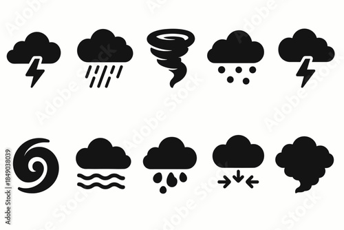 Weather solid icon set. Storm, rain, snow, cloud, forecast icons collection