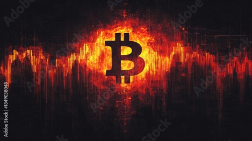 A burning bitcoin on a digital background symbolises financial risks and crises — suitable as a dramatic backdrop for articles on cryptocurrency volatility.