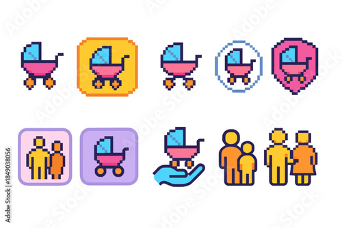 Family and parenting icon set, pixel art style for modern family projects