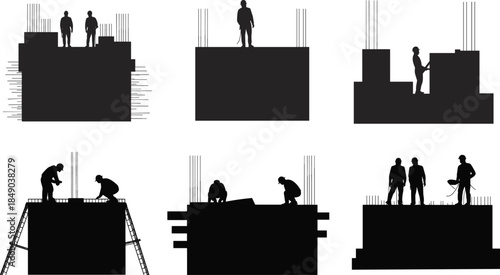 Construction workers on building foundation with rebar and ladders silhouette