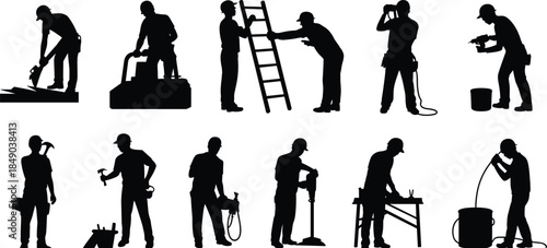 Construction Workers Performing Various Tasks Silhouettes on White Background Keywords: construction, worker, silhouette, man