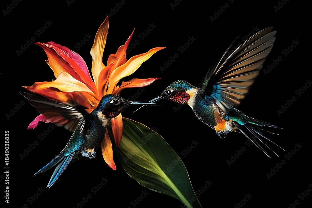 Naklejka premium Two colorful hummingbirds hovering near a vibrant orange flower in mid flight black background