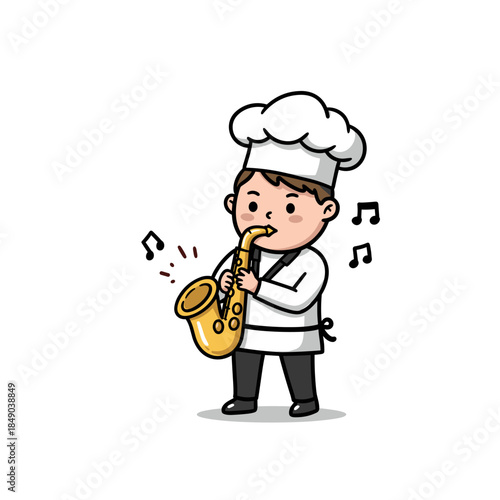 cute boy chef in white uniform playing saxophone with musical notes for restaurant menu design, culinary school blogs, kitchen decor clipart, jazz cafe posters
