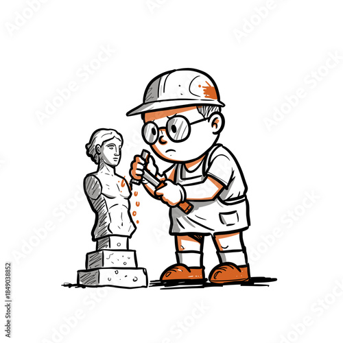 cartoon boy sculpting a statue for art history blogs, creative education websites, museum flyers, hobby tutorials, and children's craft workshops