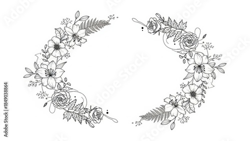 Elegant floral wreath frame, hand-drawn botanical illustration, delicate flowers and leaves, vintage design element