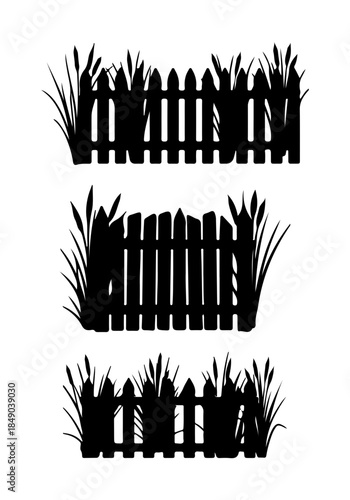 Wood fence with grass silhouette, collection of fence with grass vectors, black vector of fence